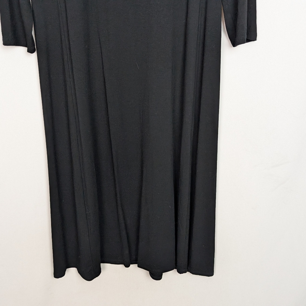 EILEEN FISHER Sz M Black Stretch Knit Shift Dress V Neck 3/4 Sleeves Knee Length - Picture 10 of 13